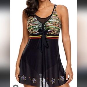 NEW Black Multi-Color Tie-Front Swimdress - Women Swim Size Large